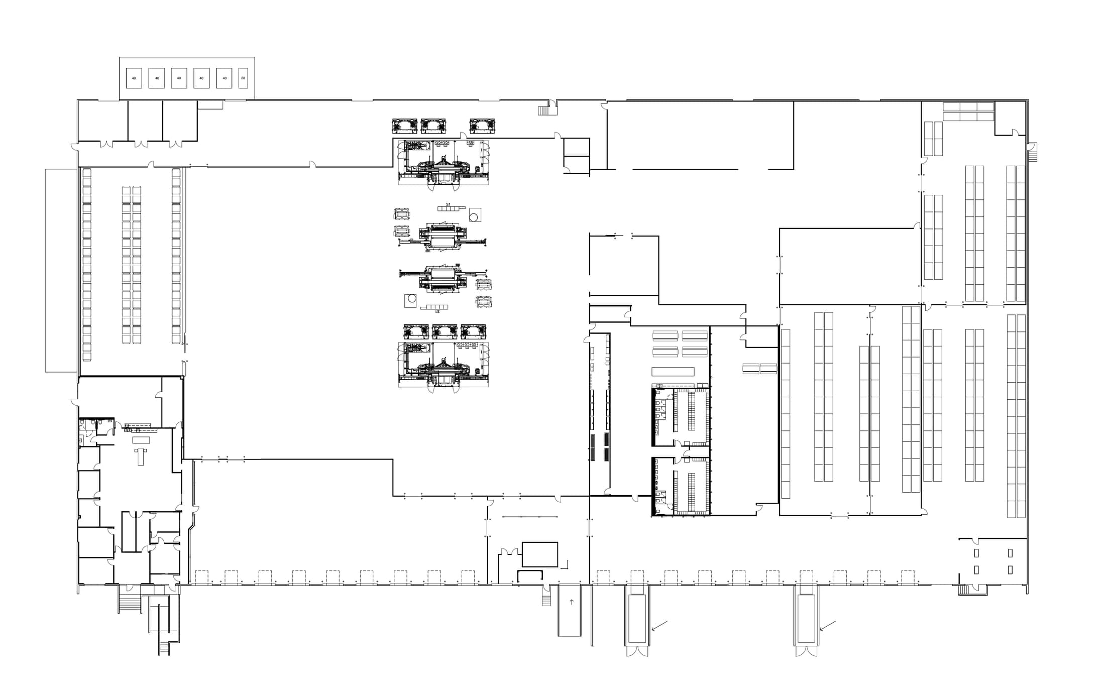 Plant floor plan drawn by Launch Partners — production equipment, racking, cold storage, dock doors and office laid out across a full facility